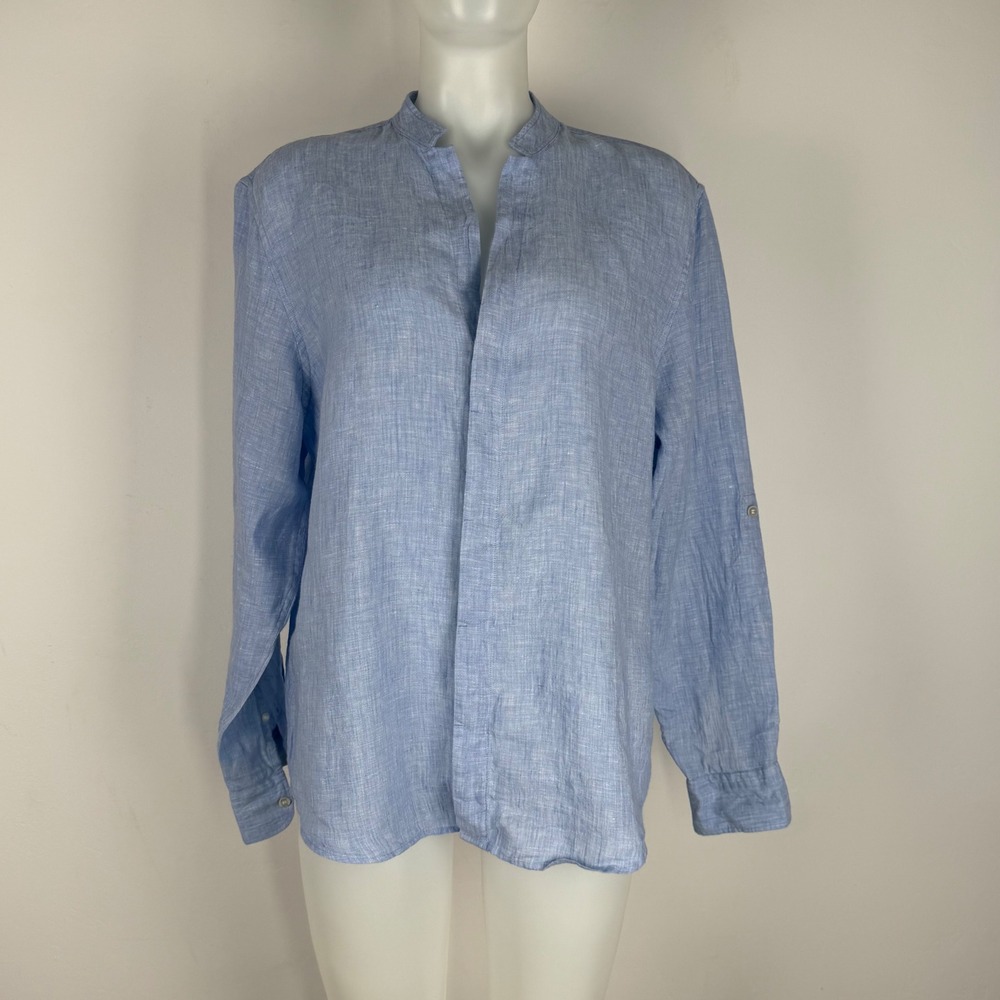 Murano Baird McNutt Linen Shirt Blue Band Collar Roll Tab Sleeve Womens Large